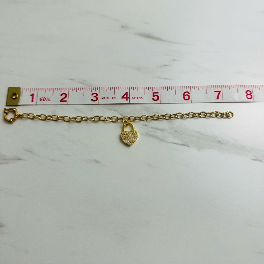 Gold Plated Pavé Heart Charm Bracelet – Handmade – 7.5” - Picture 8 of 11